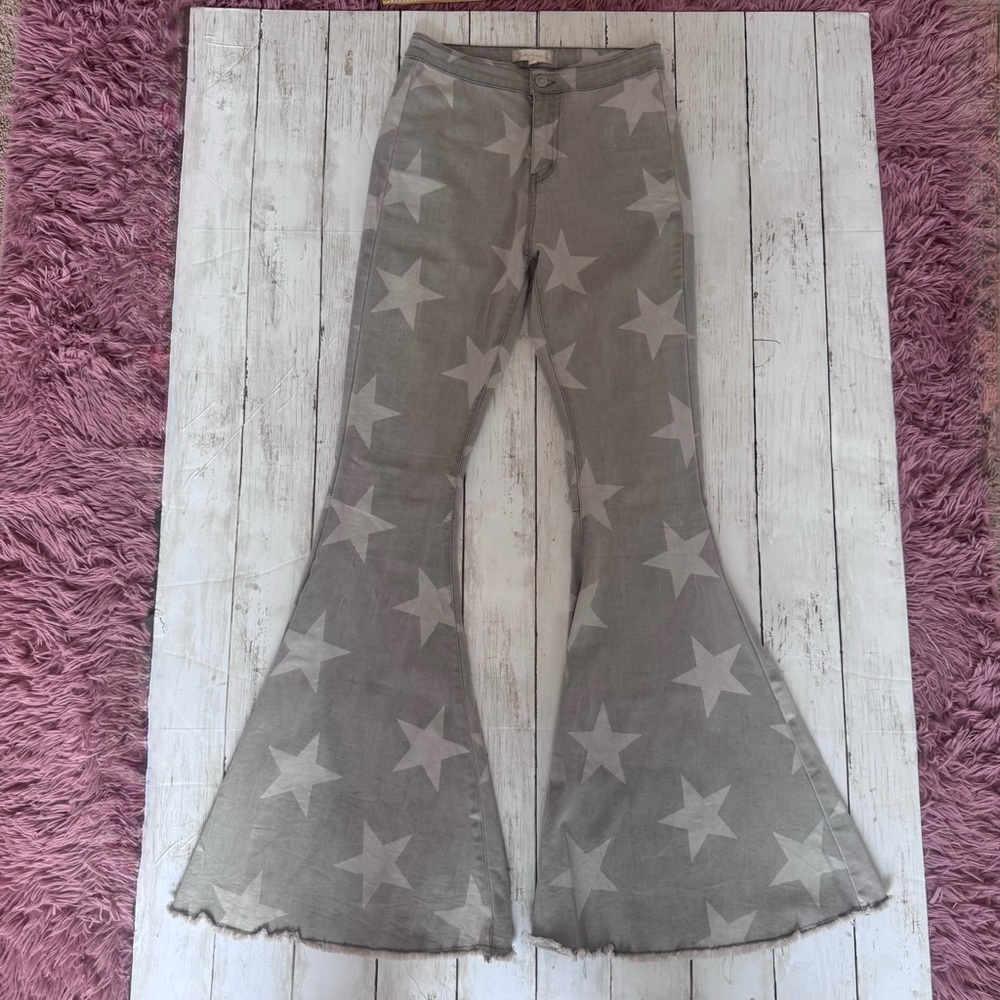Alter’d State Star Print Flare Jeans Gray Boho Festival Bell Bottoms